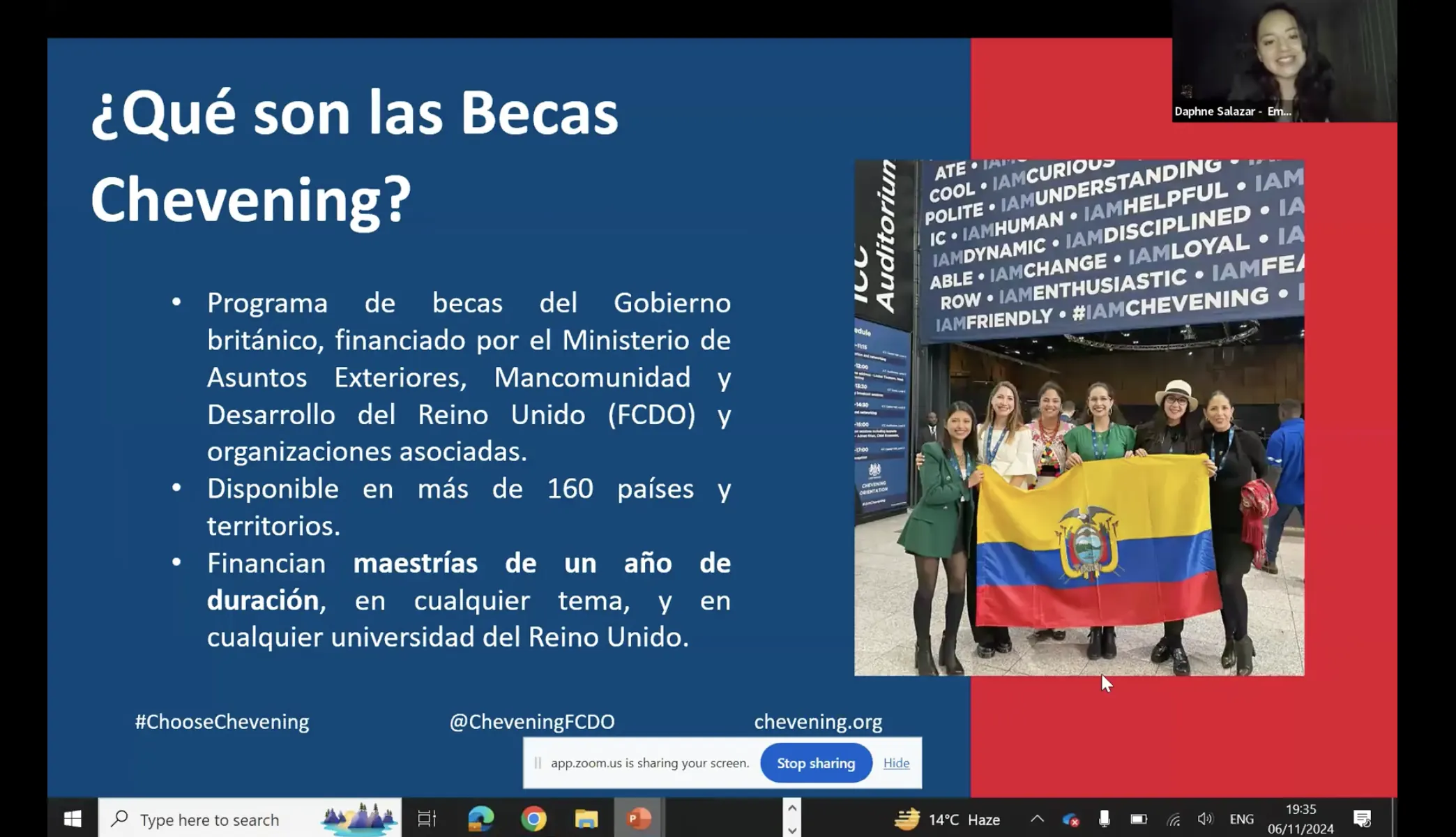 Captura de pantalla de una sesión sobre oportunidades académicas en el extranjero.